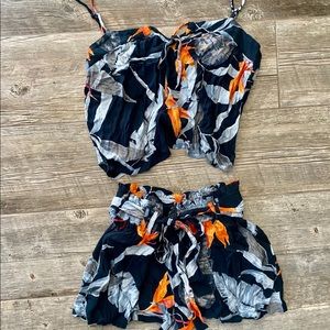 Two Piece Set- Navy Blue - Floral Print